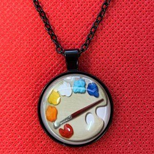 Artist's Paint Palette Black Tone Round Pendant Necklace